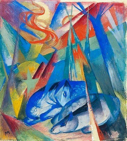 Franz Marc, Schlafende Tiere. 1913 (Privatbesitz,Marc,Franz,1880-1916,Tempera,Schlaf,Marc, Franz Marc,Blauer Reiter,Expressionismus,Tiere,Strahlen,Pferde,zwei,Sonnenuntergang,kubistisch)