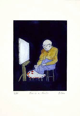 Baldus Bernd Blues in a Studio (Radierung, handsigniert) (Mann, Künstler, Maler, nachdenklich, Staffelei, Menschen, Grafik, Radierung, Original, Karikatur, Treppenhaus, Atelier, Wohnzimmer, bunt)