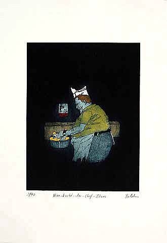 Baldus Bernd Hier-kocht-der-Chef-Blues (Radierung, handsigniert) (Koch, Küchenchef, dicker Mann, Menschen, Grafik, Radierung, Original, Karikatur, Treppenhaus, Küche, bunt)