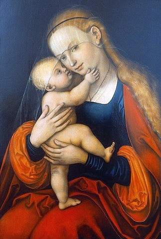 LUCAS CRANACH Der Ältere, Maria Hilf (Passauer Gnadenbild). Nach 1537 (Maria, Jesus Kind, Knabe, Mutter-Kind, Umarmung, Mutterliebe, Religiös, Neues Testament, Christlich, Schleier, Klassiker, Renaissance, Wunschgröße, Wohnzimmer)