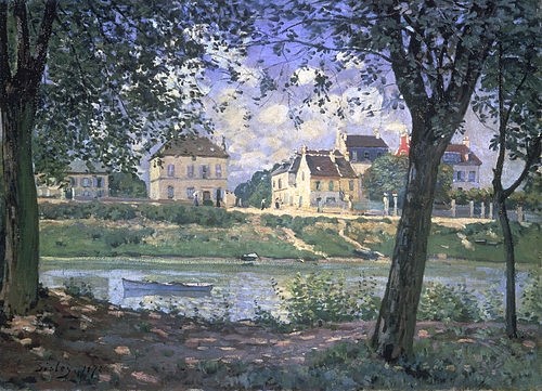 Alfred Sisley, Die kleine Stadt Villeneuve-la-Garenne an der Seine. 1872 (Landschaft, Landschaftsmalerei, Sommer, Seine, Fluss, Stadt, Frankreich, Idylle, Wohnzimmer, Treppenhaus, Impressionismus, Klassische Moderne, Malerei, Wunschgröße, bunt)