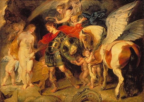 Peter Paul Rubens, Perseus und Andromeda. 1620/1621. (Mythologie, Sagen, Pegasus, geflügeltes Pferd, Seeungeheuer, Titan, Medusa, Barock, Klassiker, Malerei,  Treppenhaus, Wohnzimmer, Wunschgröße, bunt)