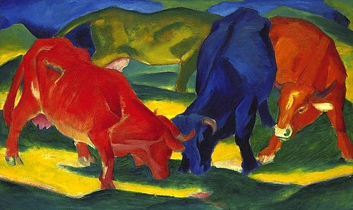 Franz Marc, Kämpfende Kühe. 1911 (Marc,Franz,1880-1916,Privatbesitz Arnold,New York,Rinder,Marc, Franz Marc Expressionismus Blauer Reiter Tier Tiere Ochse Ochsen Rind Kampf kämpfen Kraft Kräftevergleich Kräftemessen drei rot blau)