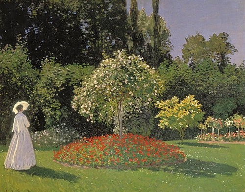Claude Monet, Dame im Garten. 1867 (Impressionismus,19. Jahrhundert,St. Petersburg,Eremitage,1840-1926,Monet,Claude,Gärten,Garten,Frau,Dame,Schirm,Sonnenschirm,Sommer,Monet, Claude 1840-1926,Blumenbeet, französischer,Impressionismus,französisch)
