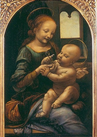 Leonardo da Vinci, Madonna Benois (Madonna mit der Blume). Um 1478 (Christus, Madonna, Mutter, Kind, Jesuskind, Mutterliebe,  Religion, Neues Testament,  Schlafzimmer, Wohnzimmer,  Wunschgröße, Renaissance, Malerei, Klassiker)