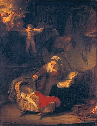 Rembrandt van Rijn, Die heilige Familie mit den Engeln. 1645 (Rembrandt van Rijn,1606-1669,St. Petersburg,Eremitage,Öl auf Leinwand,17. Jahrhundert,Rembrandt van Rijn,Rembrandt,Barock,Wiege,Kinderwiege,wiegen,heilige Familie,Mutter,Kind,Korbwiege,lesen,Buch,Interieur,Joseph,Josef,Maria,Kleinkind,Beil,Engelchen,Engel)