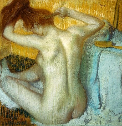 Edgar Degas, Frau bei ihrer Toilette. 1885 (Degas,Edgar,1834-1917,St. Petersburg,Eremitage,Pastell/Papier,19. Jahrhundert,Degas, Edgar Degas,Impressionismus,Frau,kämmen,Haar,Haare,Rücken,Akt,Rückenansicht,intim,Toilette,Körperpflege,lange Haare,langhaarig,Kamm,Bürste,aufrechte Haltung,aufrecht,Rück)