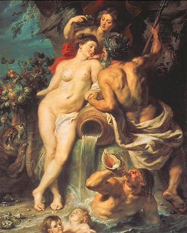 Peter Paul Rubens, Der Bund von Erde und Wasser. Um 1618. (Elemente, Erde, Wasser, Götter, Poseidon, Demeter, Aktmalerei, Barock, Klassiker, Malerei, Treppenhaus, Wohnzimmer, Wunschgröße, bunt)