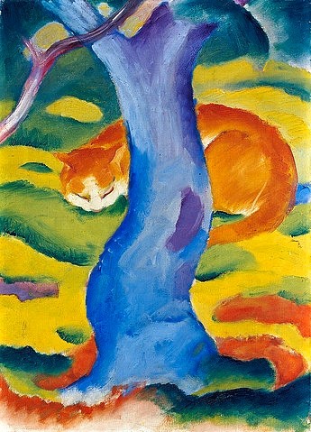 Franz Marc, Katze hinter einem Baum. 1910/11 (Marc,Franz,1880-1916,Hannover,Pelikan-Sammlung,20. Jahrhundert,Expressionismus,Katzen,Marc, Franz 1880-1916,Blauer Reiter,Katze,Tier,Baum,Baumstamm)