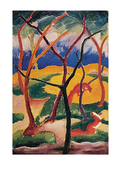 Franz Marc, Spielende Wiesel (Malerei, Expressionismus, Wald, Bäume, Wiesel, Spiel, Tier, klassische Moderne, Wohnzimmer, Arztpraxis, Treppenhaus,  bunt)
