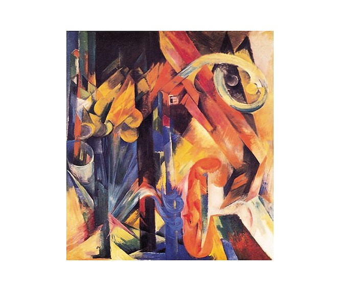Franz Marc, Wald mit Eichhörnchen (Malerei, Expressionismus, Wald, Eichhörnchen,  Schutz, Versteck, abstrakt, Tier, klassische Moderne, Wohnzimmer, Arztpraxis, Treppenhaus, bunt)