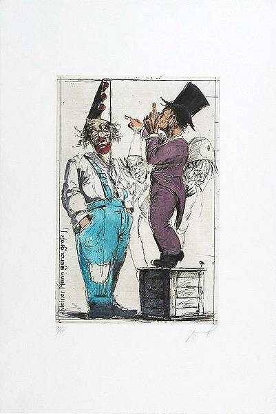 Noßmann Andreas Kleiner Mann ganz gross (Radierung, handsigniert) (Groteske, Clown, Wichtigtuer, Holzkiste, Erhöhung, Original, signiert, Wohnzimmer, Treppenhaus, Grafik, bunt)
