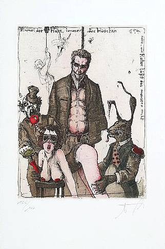 Noßmann Andreas Einmal der Hase, immer das Häschen (Radierung, handsigniert) (Groteske, Clown, Hase, Prostituierte, Gewalt, Sex, Original, signiert, Wohnzimmer, Treppenhaus, Grafik, bunt)