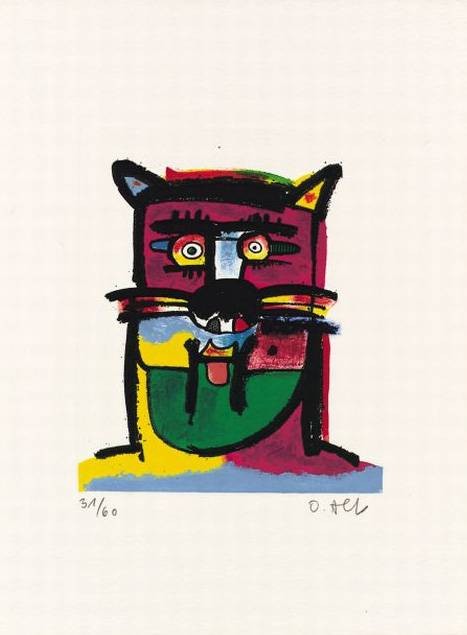 Alt Otmar Hauskater (Carborundum-Radierung, handsigniert) (Katze, Kater, Tier, figurativ, fröhlich, heiter, witzig, modern, Wohnzimmer, Treppenhaus, Grafik, zeitgenössisch, Original, signiert, bunt)