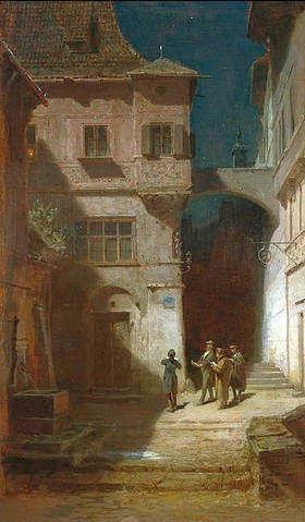 Carl Spitzweg, Die Serenade. (Malerei, Klassiker, Nachtszene, Stimmungsvoll, Männerchor, Serenade, Ständchen, Stadthaus, Idylle, Wunschgröße, Spätromantik, Wohnzimmer, Treppenhaus, bunt)