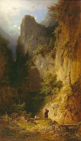 Carl Spitzweg, Fischender Mönch mit Kindern in einer Felsschlucht. (Malerei, Klassiker, Landschaft, Felsen, Berge, Schlucht, Fischer, Kinder, Bach, Mönch, Idylle, Wunschgröße, Spätromantik, Wohnzimmer, Treppenhaus, bunt)