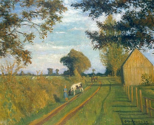 Otto Modersohn, Weg (Timpen) in der Abendsonne. 1939 (Feldweg, Felder, Kuh, Landweg, Fahrspur, ländlich, Idylle, Sommer, Landschaft, Landschaftsmalerei,  Künstlerkolonie Worpswede, Klassische Moderne,   Wohnzimmer, Treppenhaus, Wunschgröße)