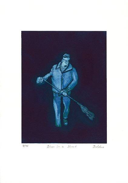 Baldus Bernd Blues in a Street (Radierung, handsigniert) (Mann, Straße, kehren, Besen, Fegen, Menschen, Grafik, Radierung, Original, Karikatur, Treppenhaus, Wohnzimmer, bunt)