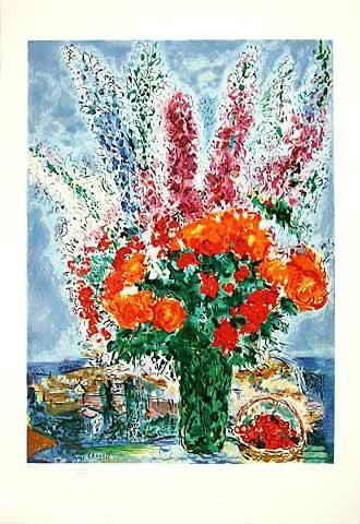 Chagall Marc Bouquet de Renoncules, Prägesig. (Lithographie, nummeriert) (Blumenstrauß, Stillleben, mediterran, Sommer, Blumen, Blüten, üppig,  Treppenhaus, Wohnzimmer, Arztpraxis, Klassische Moderne, original, bunt)