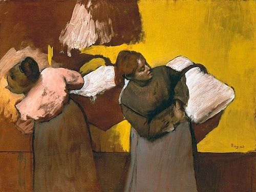 Edgar Degas, Wäscherinnen beim Austragen der Wäsche. 1876/78. (Degas,Edgar,1834-1917,Christie's Images Ltd,Öl/Terpentin/Papier/Lwd.,Degas,Edgar Degas,19. Jahrhundert,Arbeit,Bedienstete,Magd,Haushalt,Waschen,Wäsche,Wäscherin,Frau,Frauen,Korb,Laken,tragen,gelb,zwei,Duo,Last, französischer impressionismus,impressionisti)