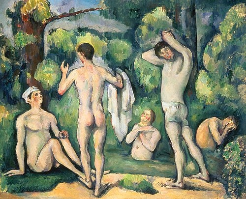 Paul Cézanne, Fünf Badende. Um 1880-82 (Cézanne,Paul,1839-1906,Christie's Images Ltd,Öl auf Leinwand,19. Jahrhundert,Baden,Badende,Akt,Mann,Männer,Männliche Akte,Cézanne, Paul 1839-1906,Les Cinq Baigneurs,Post-Impressionismus,Rückenansicht,Handtuch,abtrocknen,Körperhaltung)