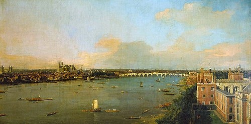 Canaletto (Giovanni Antonio Canal), Ansicht von London mit der Themse. 1746/1747 (Canaletto (Giovanni Antonio Canal),1697-1768,Prag,National (Narodni) Galerie,London,England,Großbritannien,Brücke,Canaletto,18. Jahrhundert,Panorama,Fluss,Themse)
