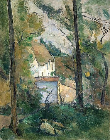 Paul Cézanne, Blick durch Bäume auf ein Haus (Auvers). 1879 (Cézanne,Paul,1839-1906,Christie's Images Ltd,Öl auf Leinwand,19. Jahrhundert,Haus,Cézanne, Paul Cezanne,1839-1906,Post-Impressionismus,Lichtung,Bäume,Reetdach,ländlich,zwischen Bäumen)