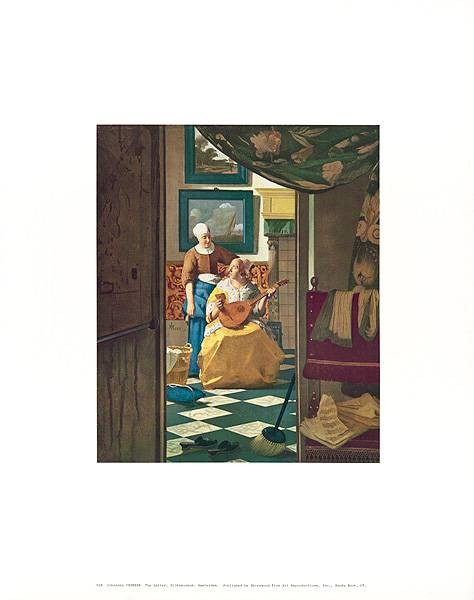 Vermeer Jan The Letter (Offset) (Interieur, Zimmer, Einblick, Voyeur, Musikerin, Laute, Brief, Magd, Malerei, Wunschgröße, Barock, Niederlande, goldenes Zeitalter, Wohnzimmer, bunt)