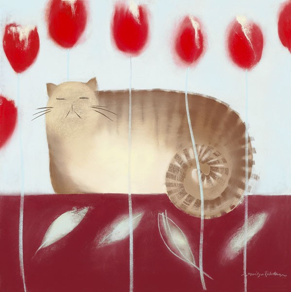 Marilyn Robertson, OSCAR (Malerei, Kater, Tulpen, Blätter, naiv, dekorativ, Wunschgröße, Schlafzimmer, Treppenhaus, Wohnzimmer,  Bistro, bunt)