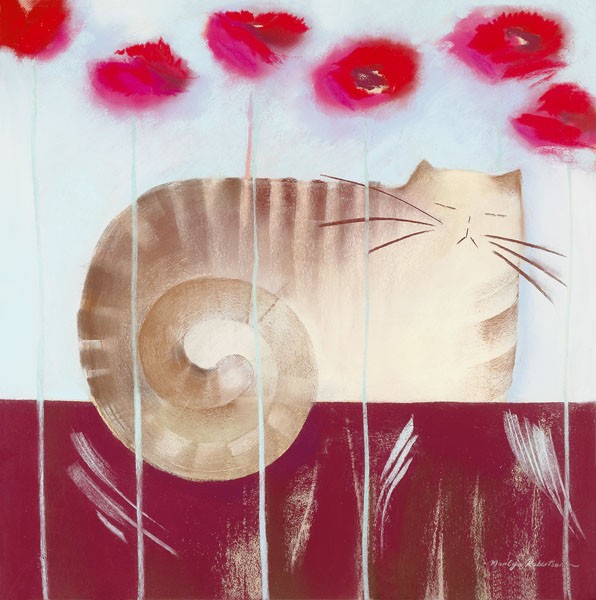 Marilyn Robertson, POPPY (Malerei, Kater, Mohnblumen, Blätter, naiv, dekorativ, Wunschgröße, Schlafzimmer, Treppenhaus, Wohnzimmer,  Bistro, bunt)