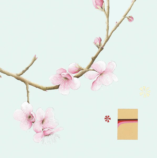 Ally & Reader Gore, PINK CHERRY I (Blüten, Blütenzwweig, Kirschblüten, floral, geometrische Muster, abstrakte Malerei, Modern, Wohnzimmer, Wunschgröße, bunt)
