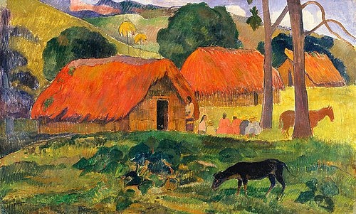 Paul Gauguin, Hund vor strohgedeckten Hütten. 1892. (Gauguin,Paul,1848-1903,Tokyo,Collection Suzuki,Südsee,Gauguin, Paul 1848-1903)