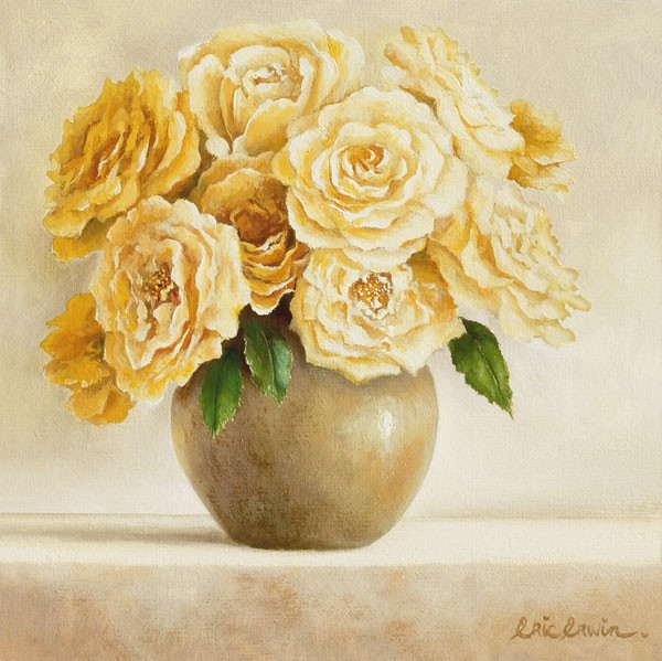 Eric Erwin, DASH OF YELLOW I (Blumen, gelbe Rosen, Stillleben, Floral, Blüten, Vase, Treppenhaus, Wohnzimmer, Esszimmer, Malerei, Wunschgröße, bunt)