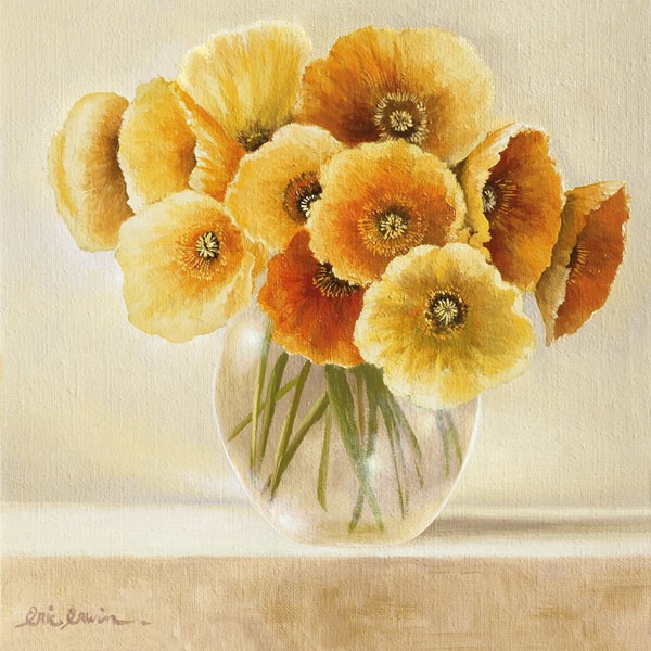 Eric Erwin, DASH OF YELLOW II (Blumen, gelbe Mohnblumen, Stillleben, Floral, Blüten, Vase, Treppenhaus, Wohnzimmer, Esszimmer, Malerei, Wunschgröße, bunt)