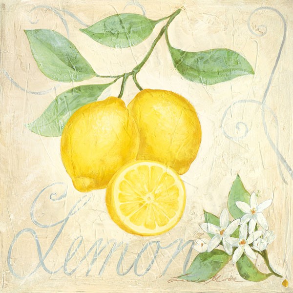 Linda Moore, LEMON (Malerei, Zitronen, Studie, halbe Zitrone, Zitrusfrucht, Obst, Zitronenblüten, Botanik, Nostalgie, Küche, Bistro, Esszimmer, Wunschgröße, bunt)