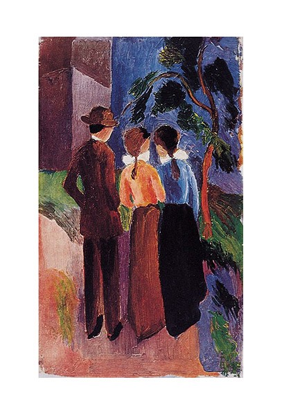 August Macke, Spaziergang zu Dreien (Offset) (Malerei, Expressionismus, Park, Spaziergang, Spaziergänger, Bäume, Unterhaltung, Gespräch, Freizeit, Wohnzimmer, Treppenhaus, Arztpraxis, Wintergarten, Klassische Moderne, bunt)