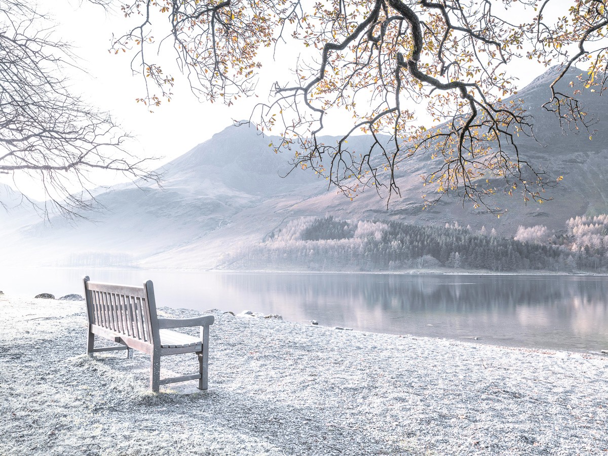 Konfiguration benutzen (Winterlandschaft, Schnee, Berge, See, Bank, Stille, Einsamkeit, Landschaft,  Wunschgröße, Fotokunst, Wohnzimmer, Treppenhaus)