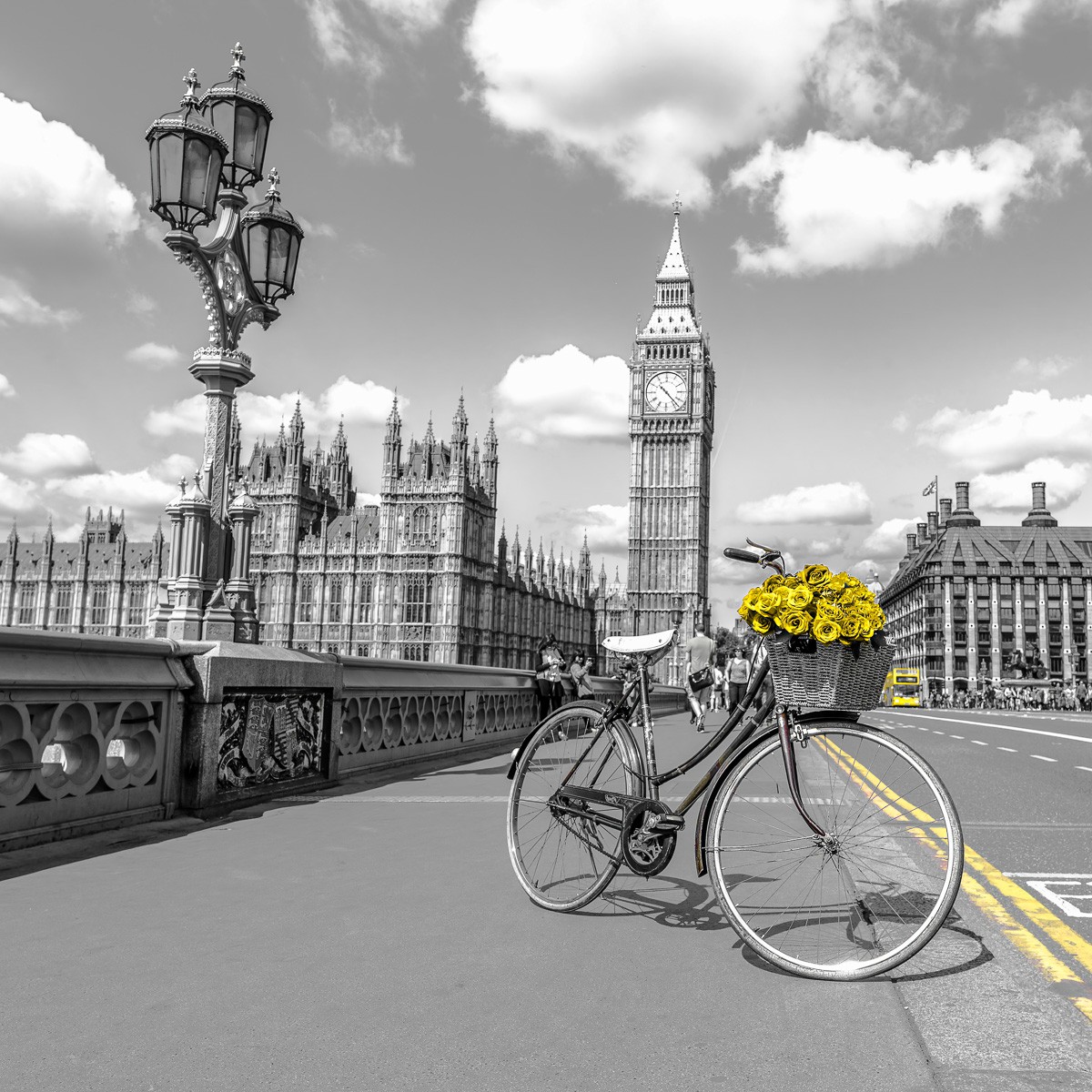 Konfiguration benutzen (Städte, Metropole, London, Architektur, Brücke,  Uhrturm, Big Ben, Wahrzeichen, Fahrrad, Blumenkorb,  Colorspot, Wunschgröße, Fotokunst, Wohnzimmer, Treppenhaus, schwarz/weiß/gelb)