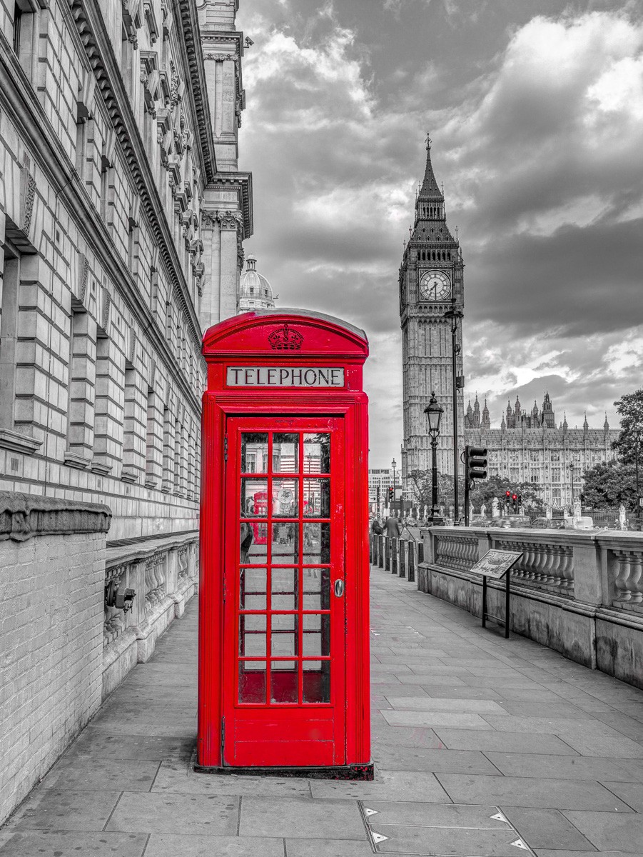 Konfiguration benutzen (Städte, Metropole, London, Architektur, Big Ben, Wahrzeichen, rote Telefonzelle, Colorspot, Wunschgröße, Fotokunst, Wohnzimmer, Treppenhaus, schwarz/weiß/rot)