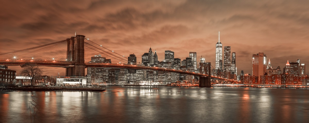 Konfiguration benutzen (Städte, Metropole, New York, Nachtszene, Brücke, Wahrzeichen, East River, Beleuchtung, Wolkenkratzer, Skyline, Hochhäuser, Wunschgröße, Fotokunst, Wohnzimmer, Treppenhaus, bunt)