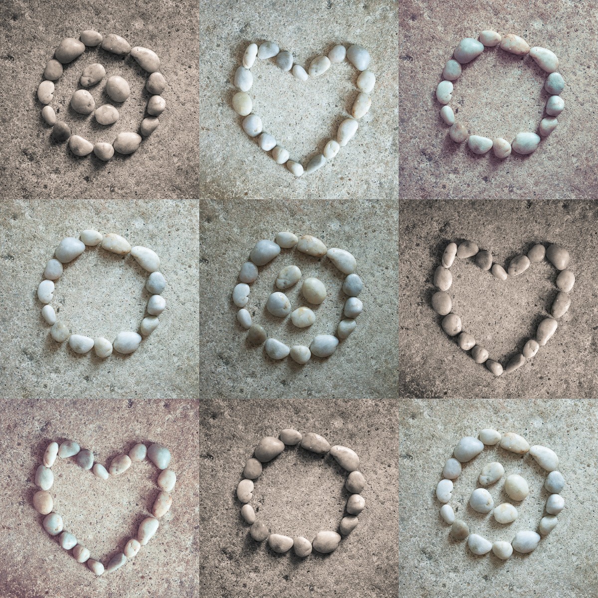 Konfiguration benutzen (Kieselsteine, Ornamente, Figuren, Sand, Kreise, Herz, Quadrate, Reihe, Wunschgröße, Fotokunst, Wohnzimmer, Treppenhaus, Badezimmer, grau/beige)