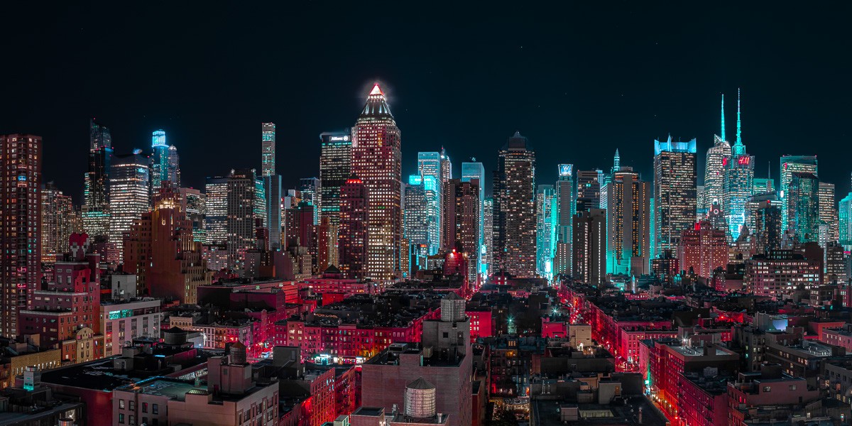 Konfiguration benutzen (Städte, Metropole, New York, Nachtszene, Beleuchtung, Wolkenkratzer, Skyline, Hochhäuser, Wunschgröße, Fotokunst, Wohnzimmer, Treppenhaus, bunt)