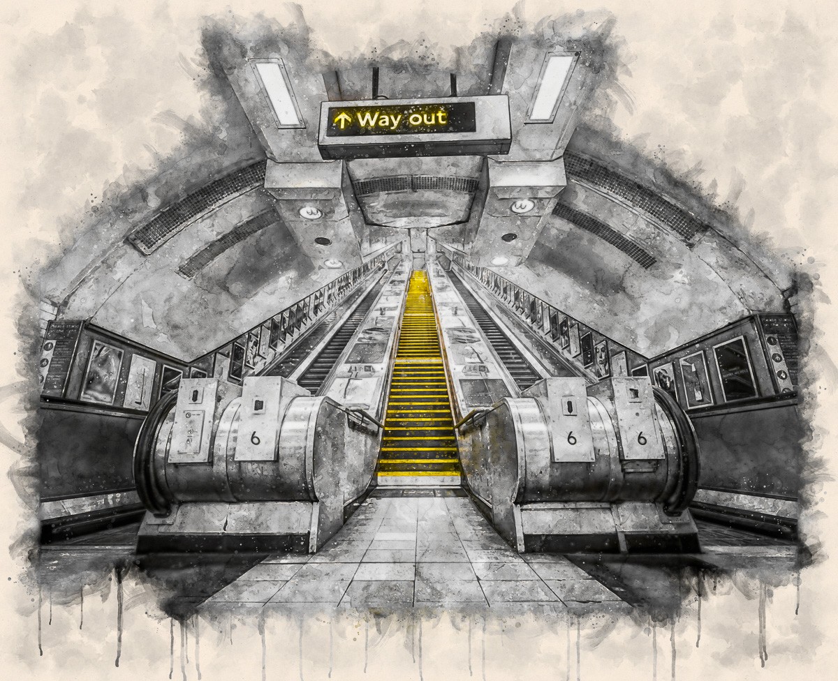 Konfiguration benutzen (Architektur, U-Bahn, London, Rolltreppe, Untergrund, Station, Wunschgröße, Fotokunst, Wohnzimmer, Treppenhaus, Büro, Colorspot, schwarz/weiß, gelb)