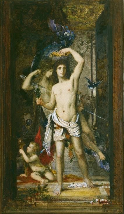 Gustave Moreau, Le jeune homme et la mort (Kunst,Lebensalter,Mann,Mensch,Tod,Symbolismus,Allegorie,Jüngling,Französische Kunst,Schweben,Personifizierung,Krone,Symbolik,Junger Mann)