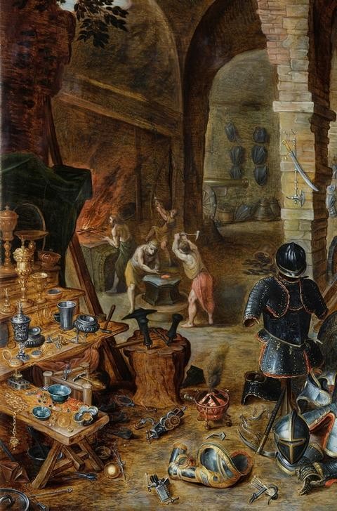 Jan BRUEGHEL DER Jüngere, Allegorie der Elemente Luft und Feuer (Elemente,Feuer,Flämische Kunst,Goldschmied,Handwerk Und Gewerbe,Kunst,Rüstung (Schutzkleidung),Schmied,Barock,Werkzeug,Niederländische Kunst,Amboss,Silberschmied,Handwerker,Handwerk,Esse,Waffenschmied,Ausschnitt,Kunstschmied)