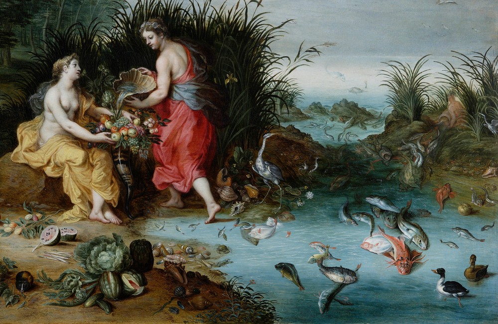 Jan BRUEGHEL DER Jüngere, Allegorie der Elemente Erde und Wasser (Biologie,Elemente,Flämische Kunst,Frau,Gemüse,Kunst,Wasser,Zoologie,Erde,Barock,Fisch,Allegorie,Niederländische Kunst,Fruchtbarkeit,Füllhorn,Wasservogel,Personifizierung,Giessen (Tätigkeit))