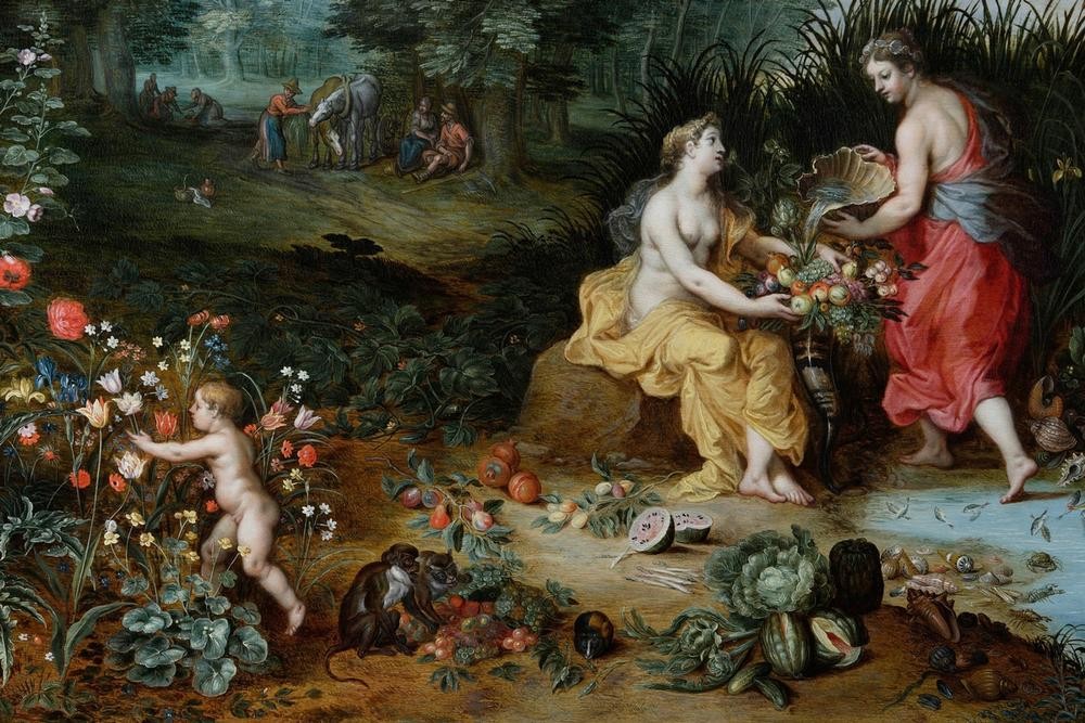 Jan BRUEGHEL DER Jüngere, Allegorie der Elemente Erde und Wasser (Affe,Biologie,Botanik,Elemente,Flämische Kunst,Frau,Gemüse,Kunst,Obst,Wasser,Zoologie,Erde,Barock,Fisch,Allegorie,Niederländische Kunst,Fruchtbarkeit,Füllhorn,Blume,Wasservogel,Personifizierung,Giessen (Tätigkeit))