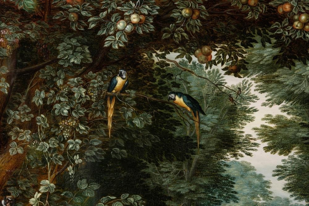 Jan BRUEGHEL DER Jüngere, Allegorie der Elemente Erde und Wasser (Elemente,Flämische Kunst,Früchte,Kunst,Obst,Papagei,Vogel,Wein,Weinstock,Zoologie,Erde,Barock,Niederländische Kunst,Weintraube,Laub,Ornithologie,Obstbaum)