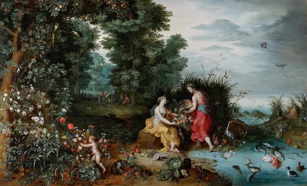 Jan BRUEGHEL DER Jüngere, Allegorie der Elemente Erde und Wasser (Biologie,Elemente,Flämische Kunst,Frau,Früchte,Gemüse,Kunst,Obst,Papagei,Vogel,Wasser,Wein,Weinstock,Zoologie,Erde,Barock,Fisch,Allegorie,Niederländische Kunst,Fruchtbarkeit,Füllhorn,Weintraube,Laub,Ornithologie,Wasservogel,Personifizierung,Obstbaum,Giess)
