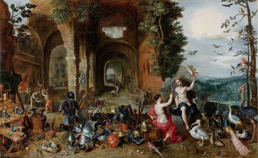 Jan BRUEGHEL DER Jüngere, Allegorie der Elemente Luft und Feuer (Biologie,Elemente,Feuer,Flämische Kunst,Frau,Goldschmied,Handwerk Und Gewerbe,Kunst,Luft,Rüstung (Schutzkleidung),Ruine,Schmied,Vogel,Zoologie,Pelikan,Strauss (Laufvogel),Barock,Akt,Allegorie,Pfau,Werkzeug,Niederländische Kunst,Amboss,Silberschmied,Tier,O)